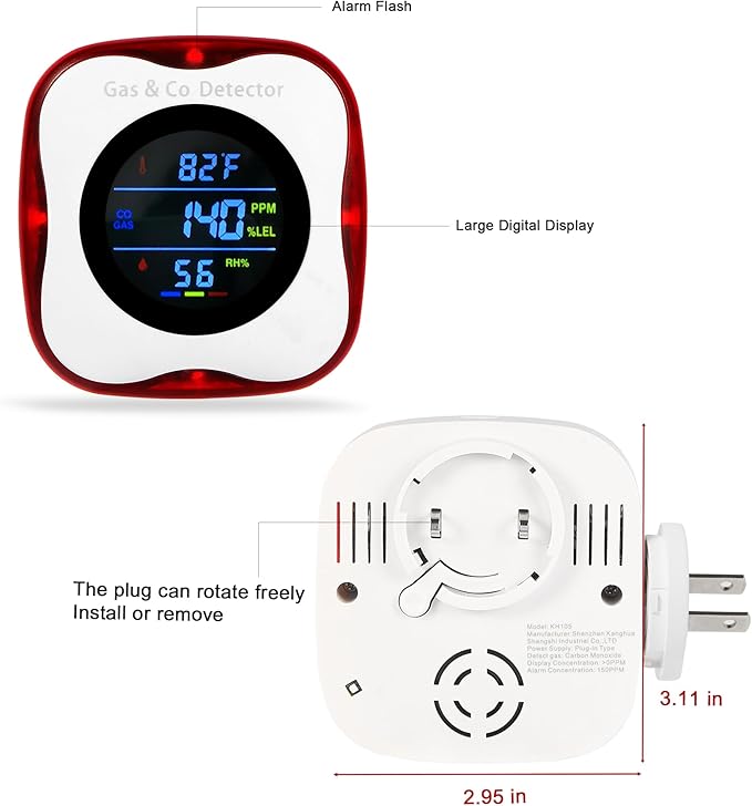 Plug in Gas & Carbon Monoxide Detector,4-in-1 Natural Gas Leak Detector,Carbon Monoxide Alarm,°F&Humidity,Combination CO & Propane Detector for Home,RV