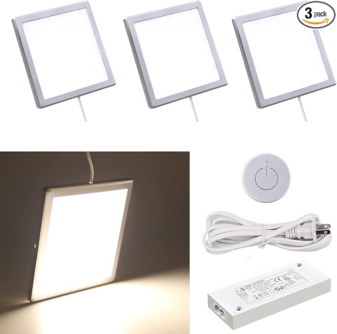 VST Under Cabinet Mini Panel Lighting 3PCS 3.94inch 12V 2.5W(Total 7.5W) with Wireless Dimmer Switch, Surface Mount Puck Light for Kitchen Van Truck Car Galley Downlight (Square Silver 4000K)