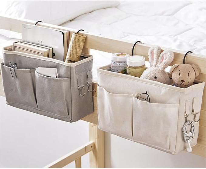 White Canvas Organizer Basket Wall Mount Storage Pouch Nightstand Hanging Bag - Image 3