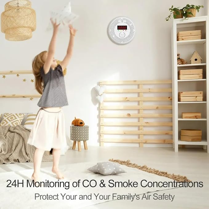 Vzmcov Carbon Monoxide and Smoke Detector LCD Display, Battery Powered, Dual sensors, 85dB Voice Alarm and Real-time Tracking, Suitable for Home/Kitchen/Bedroom/RV (Small Screen, 1Pack-CO&Smoke)