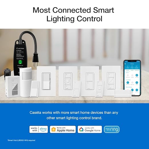 Lutron Claro Smart Light Switch for Caseta Lighting, for LED Lights, Fans, 5 Amp, Single-Pole/3-Way, Neutral Required, DVRF-5NS-BR, Brown