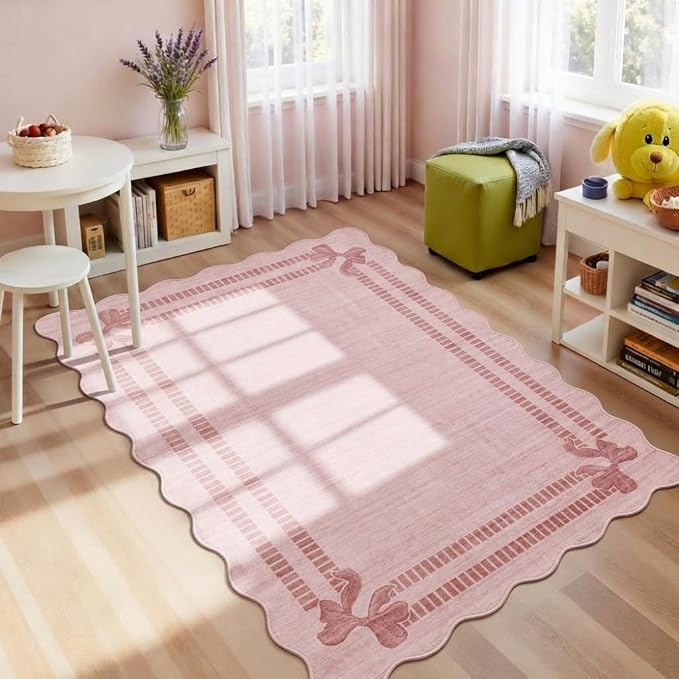 Latte&Fog Washable 3x5 Entryway Rugs Pink Scalloped Cute Bow Area Rug | - Image 4