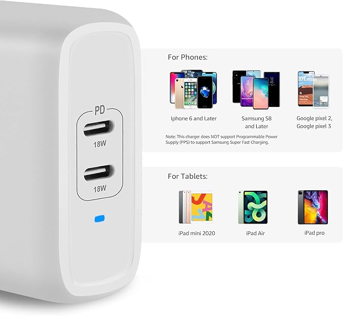 Amazon Basics 36W Two-Port USB-C Wall Charger for Tablets and Phones with Power Delivery - White, 2.34 x 1.09 x 2.21 in (PD36U-2TNB)