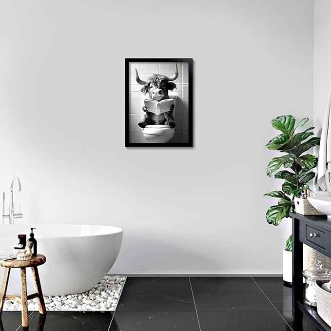 OIQArtOIQ Funny Bathroom Framed Wall Art Black and White Animal Canvas Wall Art - Image 3