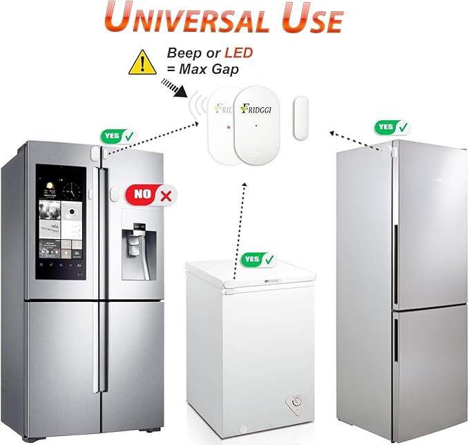 Fridge & Freezer Door Alarm with Delay When Left Open, 60sec, 120sec, 180sec Reminders, Refrigerator Door Chime (Pack 2).