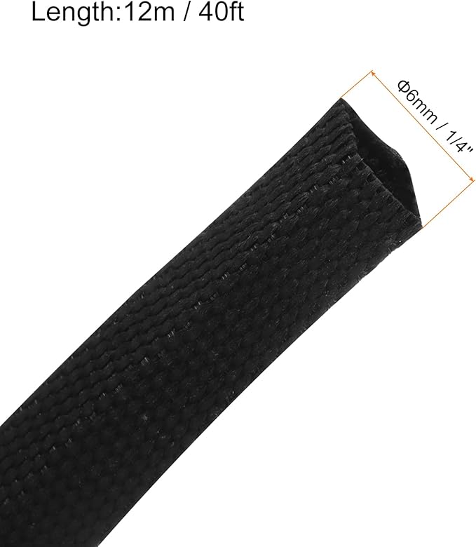 MECCANIXITY Braided Cable Sleeves Heat Shrinkable Fabric Sleeving, 1/4" 40ft Black 2:1 Ratio Heat Shrinkable Cord Protector for Harness Cable, Network Cable Protection, Cable Management