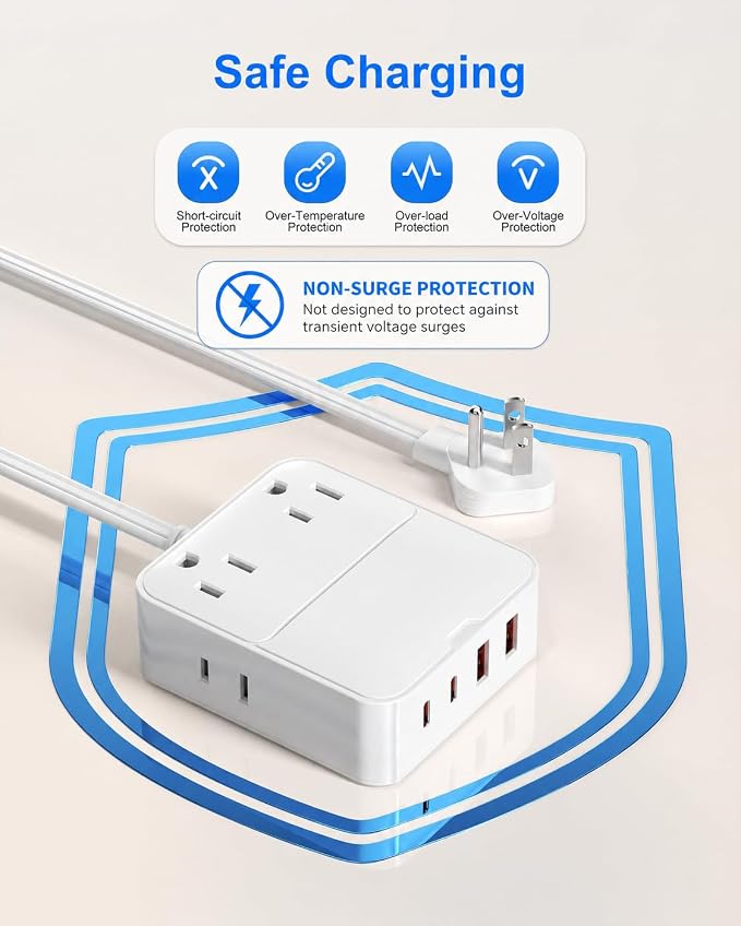Flat Plug Power Strip with USB Ports-4 AC&4 USB Ports, Extension Cord | 6FT - Image 6