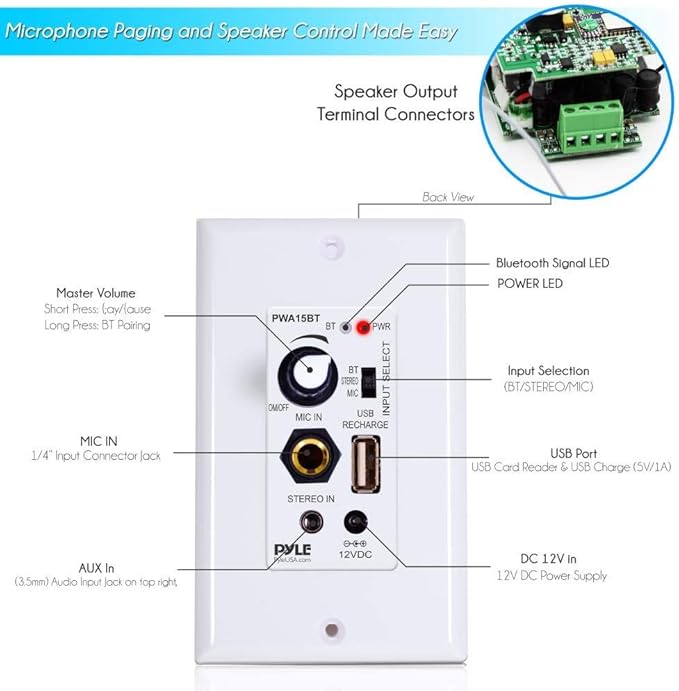 Pyle Wireless BT Receiver Wall Mount - 100W In-Wall Audio Control Receiver w/ Built-in Amplifier, USB/Microphone/Aux (3.5mm) Inputs, Speaker Terminal Block, Connect 2 Speakers, White - PWA15BT