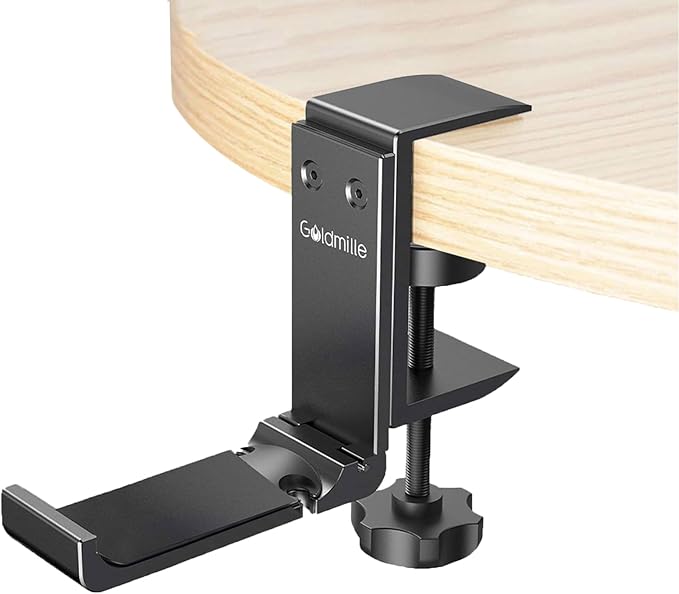 Goldmille Aluminum Headphone Stand Hanger Foldable with Cable Clip Headset Holder Clamp Hook Under Desk, Save Your Space While Working & Gaming