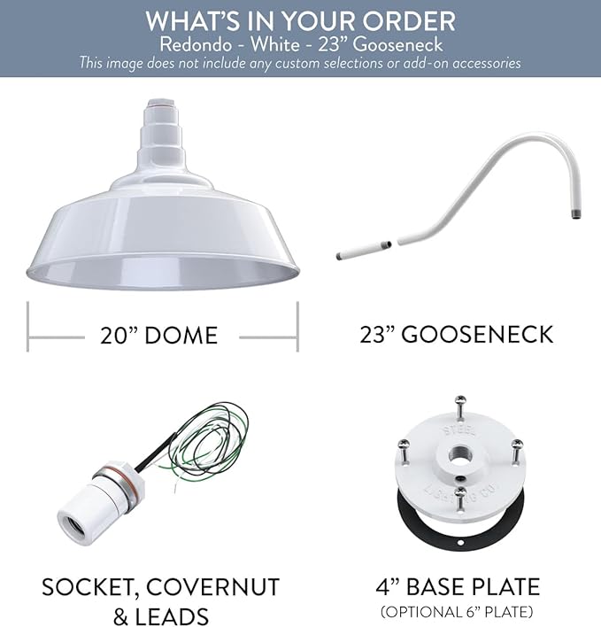 Steel Lighting Co. Large Outdoor Barn Light | Gooseneck Light Fixture | Made in America from 18-Gauge Steel | 20" Dome | 23" Gooseneck White Exterior/White Interior