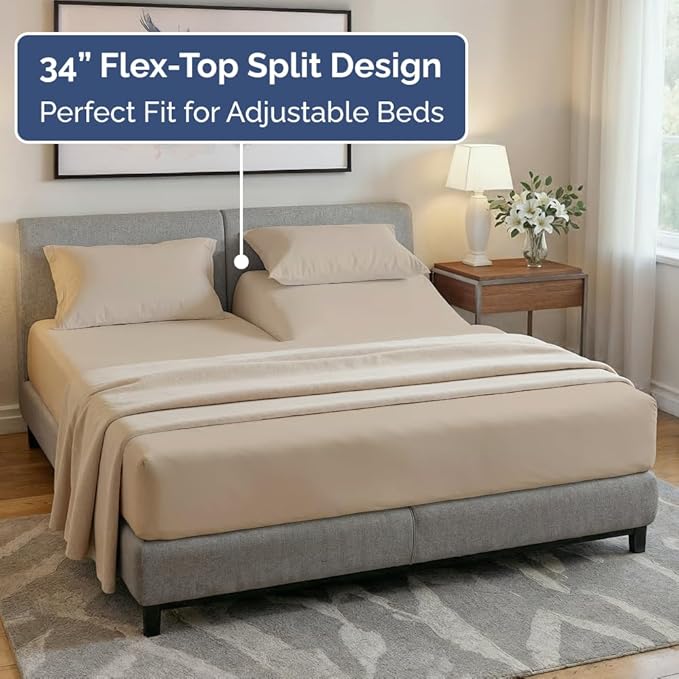 Split Head King Sheet Set – 4 Piece Flex Split Top King Sheets for Adjustable Beds - Fits 14” to 16" Mattress w/ Deep Pockets - Ultra-Soft, Breathable & Cooling - Luxury Bedding & Wrinkle Free - Cream