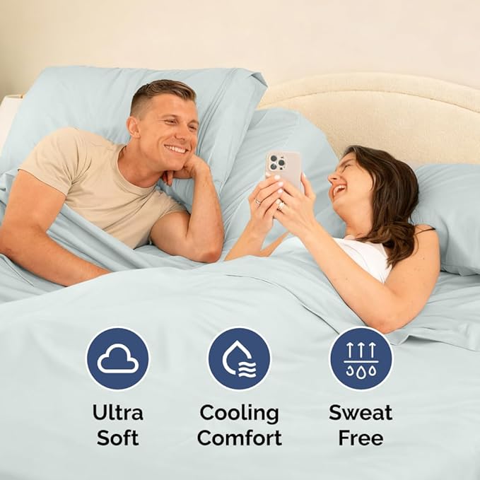 Split Head King Sheet Set – 4 Piece Flex Split Top King Sheets for Adjustable Beds - Fits 14” to 16" Mattress w/ Deep Pockets - Soft, Breathable & Cooling - Luxury Bedding and Wrinkle Free - Ice Blue