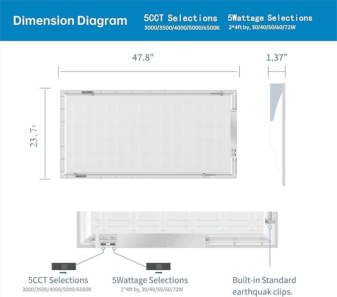 2x4 FT LED Light Flat Panel, 5 CCT 3K | 3.5K | 4K | 5K | 6.5K, 40-72W, Dimmable Recessed Drop Ceiling Lights, 3750/5000/6250/7500/9000 Lumens, Lay in Fixture for Office, 120-277V, UL DLC(2 Pack)