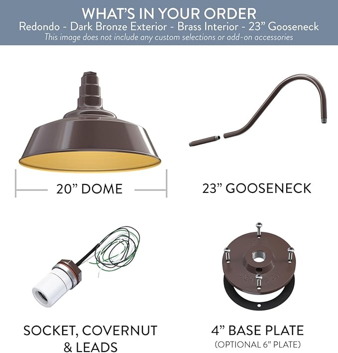 Steel Lighting Co. Large Outdoor Barn Light | Gooseneck Light Fixture | Made in America from 18-Gauge Steel | 20" Dome | 23" Gooseneck Dark Bronze Exterior/Brass Interior