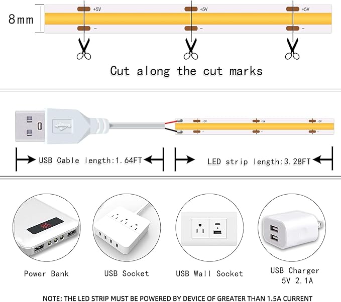UVTaoYuan LED Strip Lights USB Short Light Strips, 6500K Bright White Not Dimmable 5V COB Small LED Strip for Indoor Bedroom Kitchen DIY Home Decor Display Cabinet 5V LED TV Lighting (3 Pack 3.28FT)