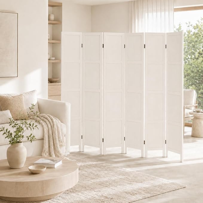 6 Panel Solid Wood Room Divider Folding Privacy Screen White | Freestanding - Image 7