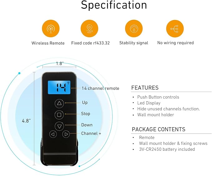 15-Channel Blind Remote Controller, Black -Replacement for Motorized Roller Shades, Window Blinds & Shades - Compatible with Rollerhouse ERB25, EY1612, EY2512 Motors