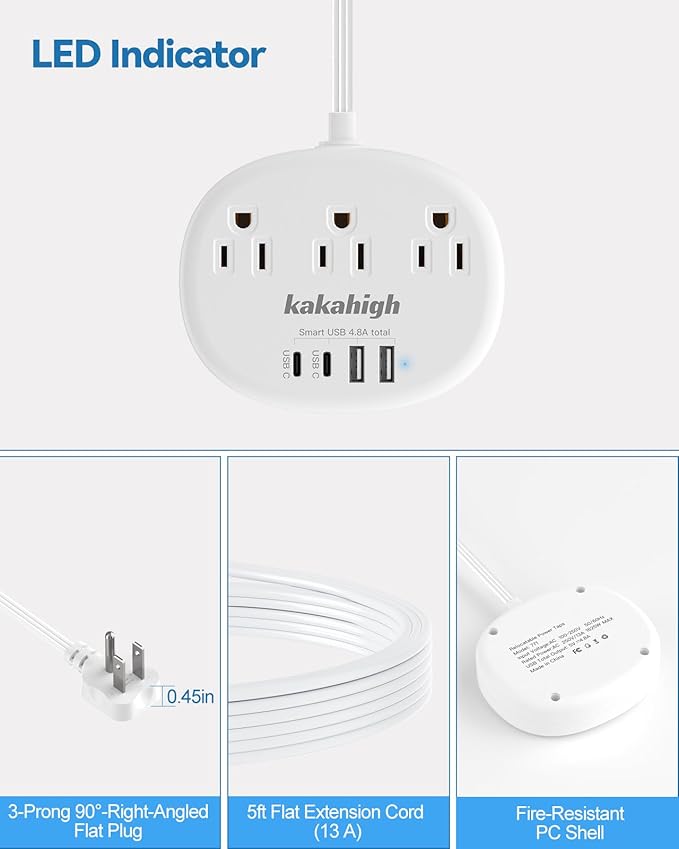 Flat Extension Cord with Outlet Cover & Cable Clips- 10 FT, 1625W Child Proof Extension Cord with 3 AC Outlet 4 USB (24W/4.8A), Flat 90 Degree Power Strip for Behind Furniture Couch Sofa TV, etc