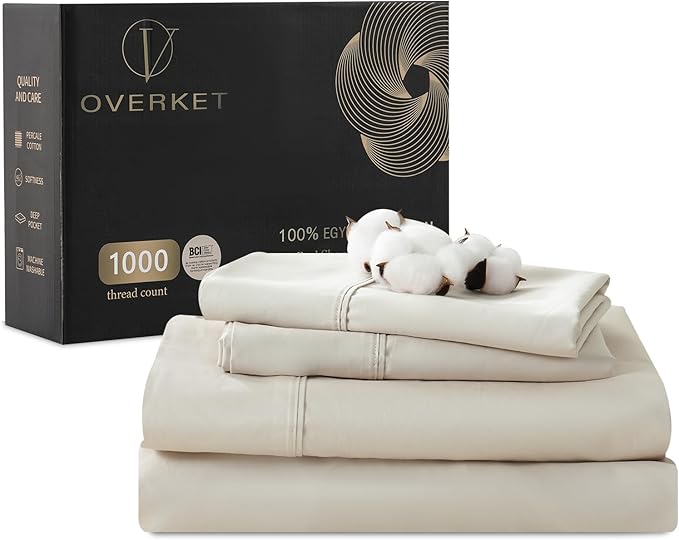 100% Egyptian Cotton Sheets King Size 1000 Thread Count Sateen Weave Soft Breathable 16-Inch Deep Pocket 4PCS（King,Linen）