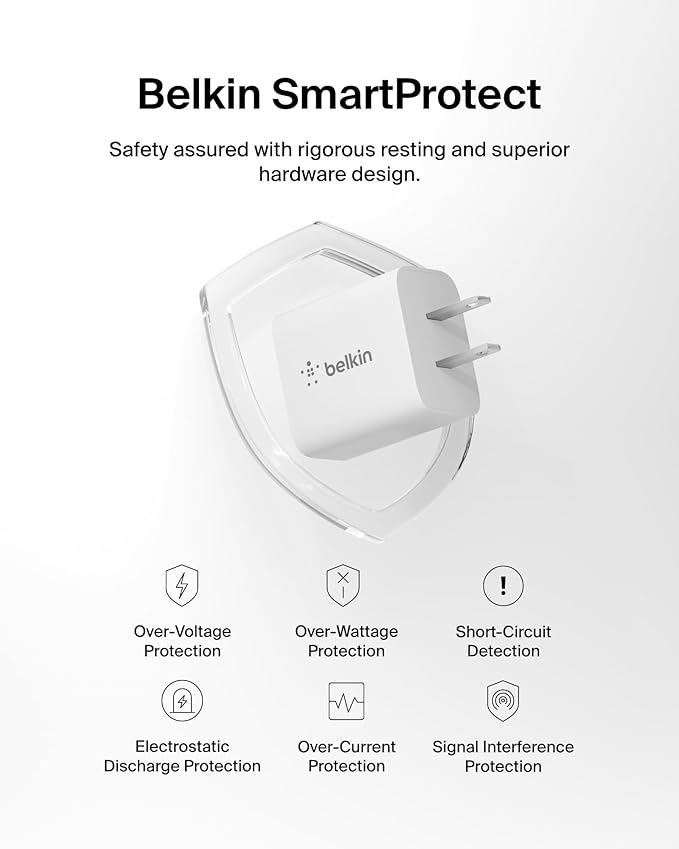 Belkin USB C Charger Block 20W, iPhone Charger Fast Charging - iPhone 17, Air, Pro, Pro Max, Samsung Galaxy S25, Google Pixel 10, iPad, AirPods, Apple Watch, Nintendo Switch 2 & More - White
