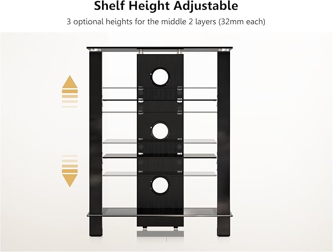 FITUEYES 4-Tier AV Media Cabinet Stand Component Cabinet, Gaming TV Stand and Stereo Rack Audio Tower with Height Adjustable Tempered Glass Shelves, AS406003GB