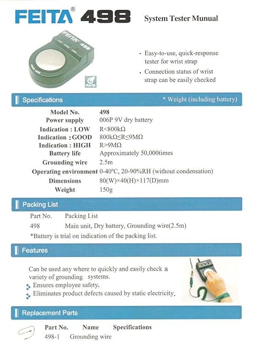 FEITA 498 Anti Static ESD Wrist Strap Tester, Anti-Static Wristband Grounding Measurement Monitor for Electronics Repair Work + Ground Wire + ESD Wristband