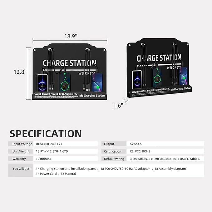 Wall Mounted Cell Phone Charging Station Mobile Phone Charging Station | Fast Charging 8 Device | Compatible with iphone ipad Smartphone Tablets Port | Great for Offices Hotel Hospital Airport (Black)