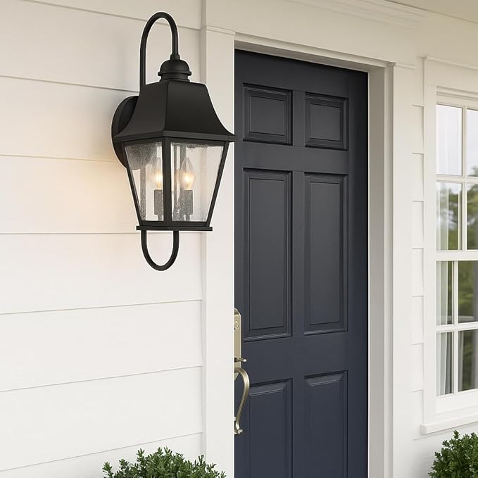 Hinkley Kingston Outdoor Large Wall Mount Lantern - 2-Light, Traditional, Aluminum, Clear Seedy Glass - Black Finish