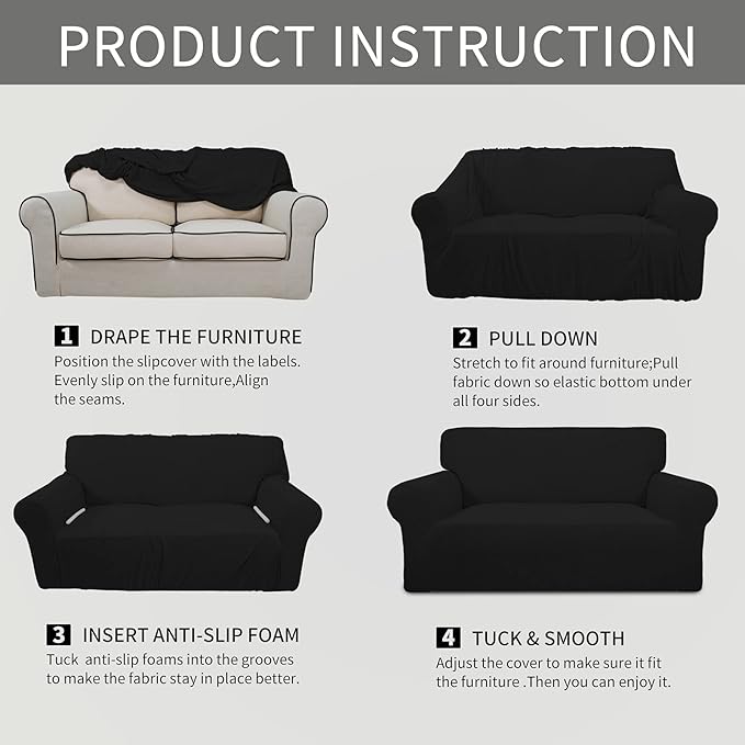 Easy-Going Stretch Oversized Sofa Slipcover 1-Piece Sofa Cover Furniture Protector Couch Soft with Elastic Bottom for Kids, Polyester Spandex Jacquard Fabric Small Checks Black