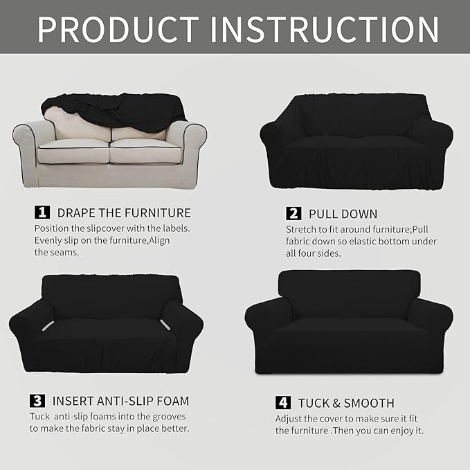 Easy-Going Stretch Sofa Slipcover 1-Piece Sofa Cover Furniture Protector Couch Soft with Elastic Bottom for Kids, Polyester Spandex Jacquard Fabric Small Checks (Sofa, Black)