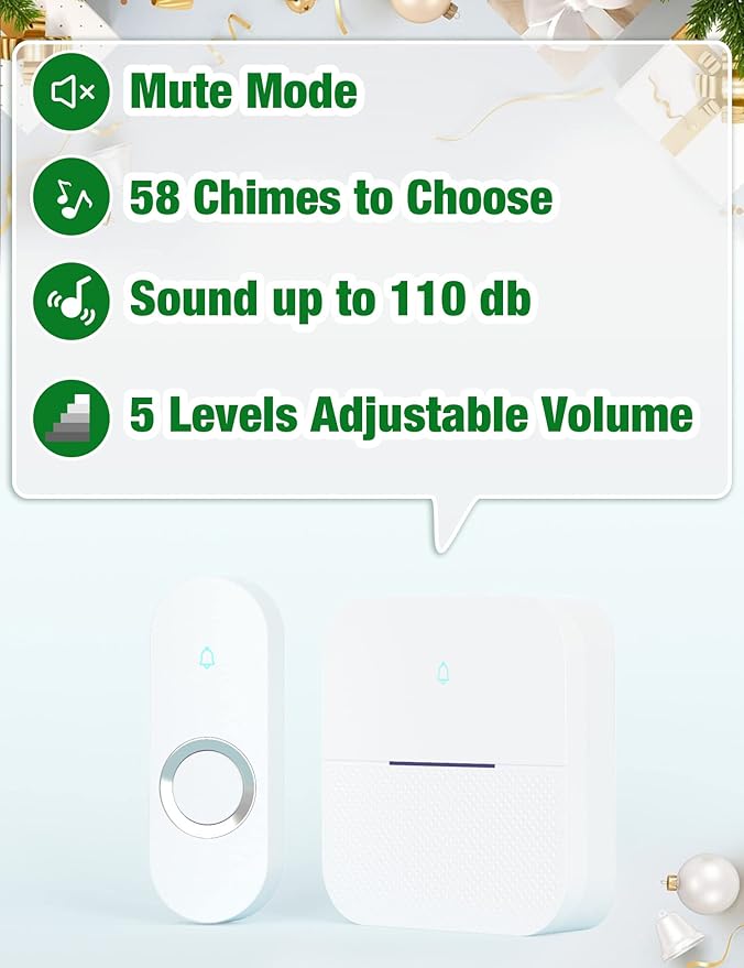 AIDA Lighted Wireless Doorbell for Home, Waterproof Battery Doorbell Wireless 1,000ft Range, 5 Volume Levels with 58 Chimes & LED Flash on Receiver (White, 1 Button & 2 Receiver)