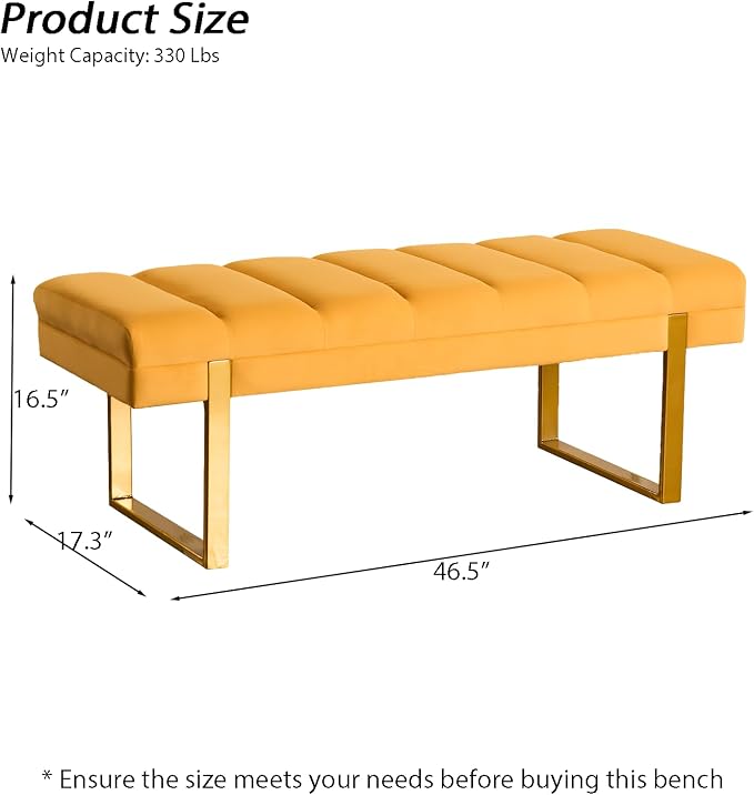 46" Velvet Bench with Gold Leg for Bedroom Window End of Bed Mustard Yellow | - Image 2