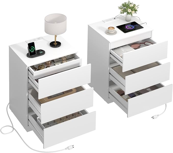 Nightstands Set of 2 with Charging Station and Hidden Drawer, Modern Night Stand by Draelibor