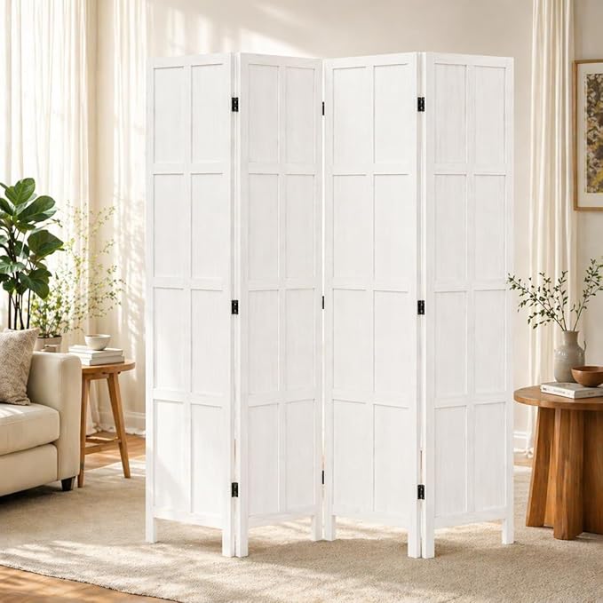 4 Panel Solid Wood Room Divider Folding Privacy Screen White | Freestanding by ALeesing