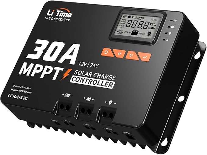 LiTime 30 Amp MPPT 12V/24V/Auto DC Input Solar Charge Controller Build-in Bluetooth Module, Parameter Adjustable LCD Display LED Indicators Solar Panel