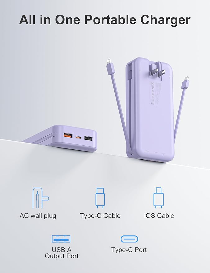 aonidi 20000mAh Ultra-Portable-Charger-Power-Bank PD20W with Built in Cables&AC Wall Plug,Fast Charging Cell Phone Charger Battery Pack,LED Display Travel Battery Bank for All iPhone,Samsung,Android