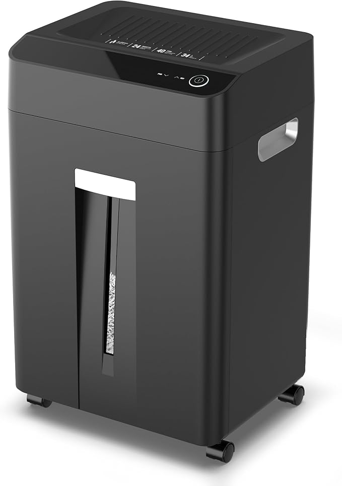 24-Sheet Cross Cut P-4 Security Paper Shredder with 8.9 Gal Pull-Out Bin, Credit Card/Staple/Clip/CDs Commercial Heavy Duty Shredder for Office
