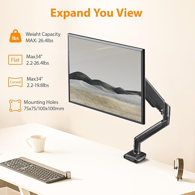 XEVKZO Single Monitor Arm - Gas Spring Monitor Stand for 13 to 34 Inch Screens, Adjustable VESA Mount with C-Clamp & Grommet Base, Full Motion (Tilt, Swivel, Rotation), Supports 4.4-22 lbs