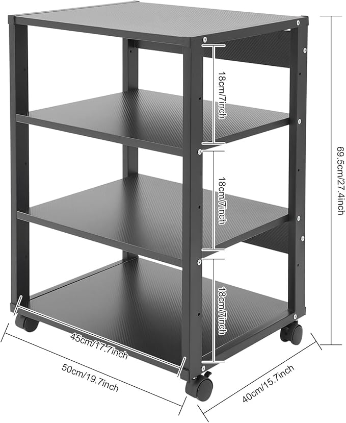 5-Tier AV Media Stand with Universal Wheels, Center Stereo Components Storage Stand, DVD/CD Holder with Adjustable Hole Spacing Movable Audio Media Stand for Living Room, Game Room (4 Tiers)
