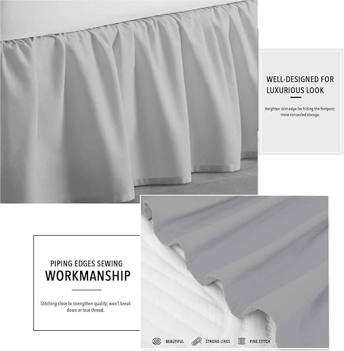 Light Grey Solid Ruffled Bed Skirt Full-24 Inch Drop Split Corner, Microfiber Bedskirt with Platform Three Sided Coverage