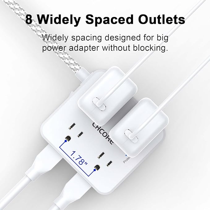 5Ft Flat Plug Braided Extension Cord - CHCORE Surge Protector Power Strip with 8 Outlets and 2 USB-C (PD 30W) Fast Charging Ports and 2 USB-A Ports for Home, Office, Dorm Room Essentials, ETL, White