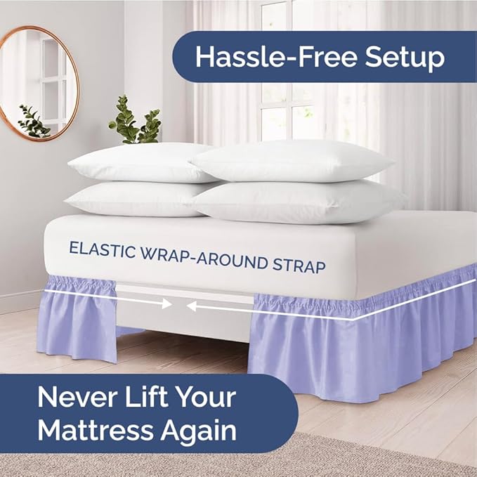 Wrap Around Dust Ruffle Bed Skirt - Lavender - for Queen Size Beds with 12 Inch Drop - Elastic Strap - Adjustable Pleated Bedskirt with Brushed Fabric and Wrinkle Free - for Women, Men, Kids & Teens