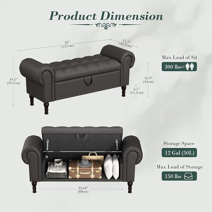 Apicizon 50" Bench with Storage, Upholstered Tufted Button Bedroom Bench with - Image 2