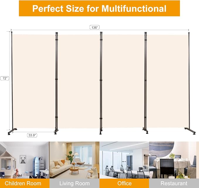 Room Divider 4 Panel Folding Privacy Screen, Round Pad Design Wall Divider | - Image 6