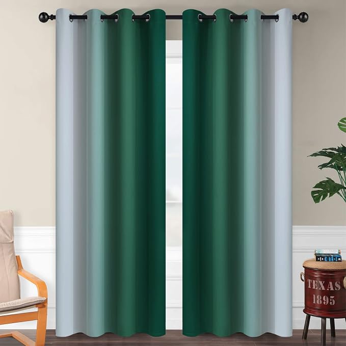 SimpleHome Ombre Dark Green to Grey White Curtains - Image 2