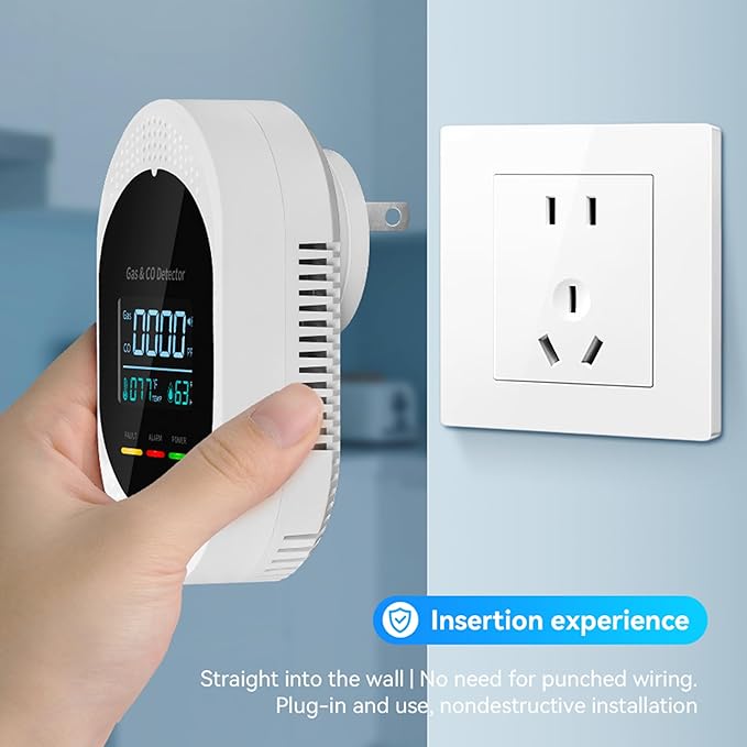 5PCS 4-in-1 Carbon Monoxide & Natural Gas Detectors with Temperature/Humidity LCD Display, Plug in Co Leak Detector Propane Monitor for Home Travel RV Essentials, Sound Alarm Over 85dB