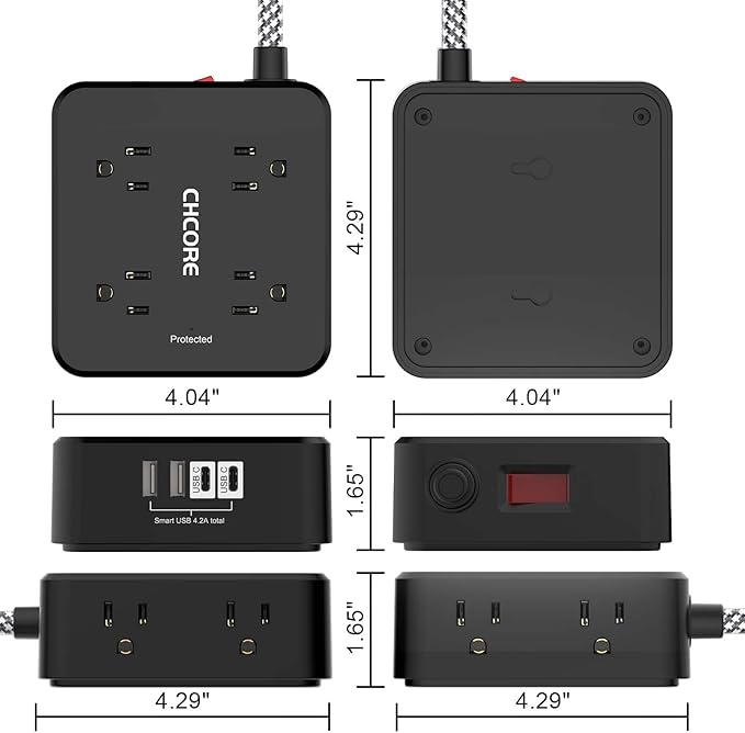 Surge Protector Power Strip - CHCORE 6Ft Braided Extension Cord with 8 Outlets with 4 USB (2 USB C) Charging Ports, Flat Plug Multi Plug Outlet Extender Charging Station for Home Office, ETL, Black