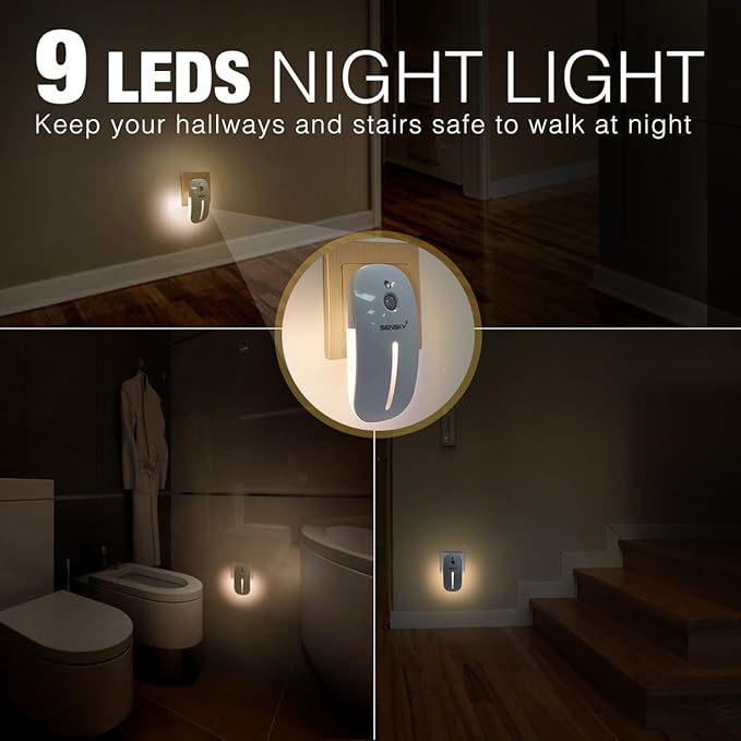 Sensky [2 Pack Plug in Night Light with Auto Dusk to Dawn Sensor, Brightness Adjustable, Dimmable Night Light for Bathroom, Kitchen, Hallway, Stairs, Garages (with Front Light and Back Light)