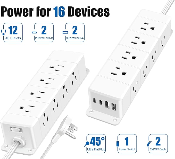 40W Fast Charging Under Desk Power Strip,12 Outlet Mountable Power Strip with 4 USB,1200J Surge Protection,10FT Flat Extension Cord