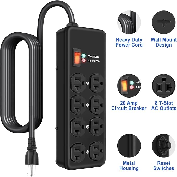 Heavy Duty Surge Protector 20Amp,Metal Power Strip with 8 Outlets,Wall Mount Surge Protector 4800J,12 Gauge 10FT Extension Cord 5-15P Adapter Workshop & Industrial Use with 6-20R T-Slot Outlets